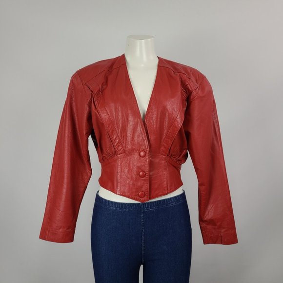 Vintage Jackets & Blazers - Vintage Chia Red Leather Cropped Jacket Size M